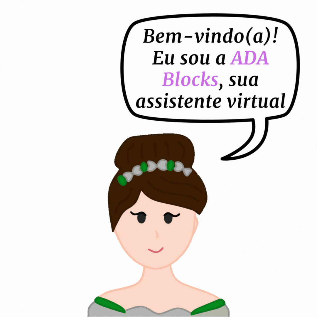 Mascote Ada, inspirada em Ada Lovelace, em frente a um diagrama de blocos de programação.